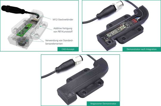 Demonstrator des  Sensors in den unterschiedlichen Fertigungsstufen: CAD-Konzept (oben links), nach der Integration der elektronischen Komponenten (oben rechts) und als fertiger Demonstrator (unten).(Bild:  Fraunhofer IPA)