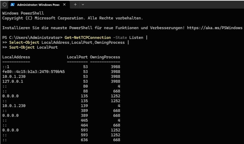 Offene TCP-Listener auf dem Domänencontroller mit Zuordnung zu Prozessen. (Bild: Joos)