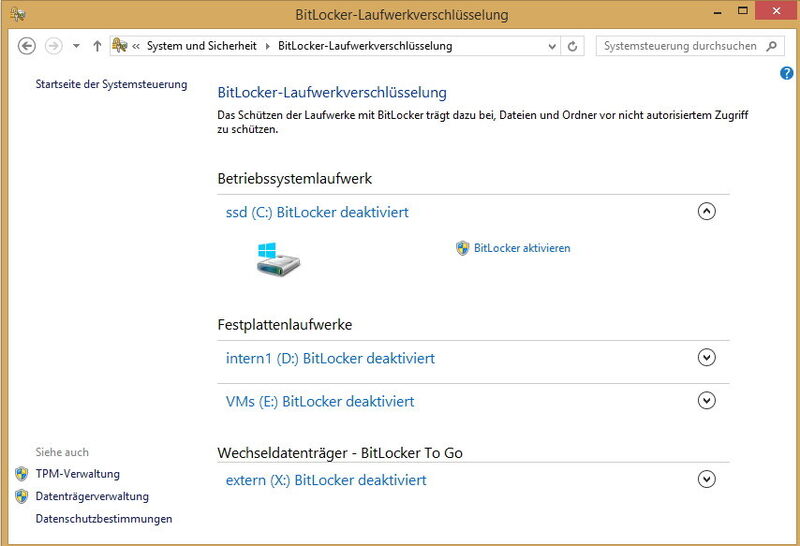Über Systemsteuerung/System und Sicherheit/BitLocker-Laufwerkverschlüsselung wird die Verwaltung von BitLocker gestartet, auch nach der Aktivierung der Verschlüsselung. (Bild: Joos)