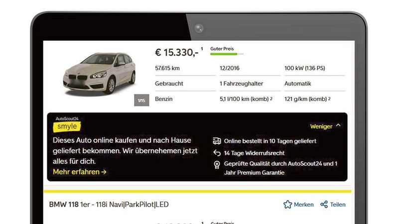 Nicht mehr nur Inserateplattform, sondern Onlinekaufhaus für Autos: Autoscout 24 wird mit dem Bestand von Autohändlern zum E-Commerce-Anbieter. (Bild:  Autoscout 24)