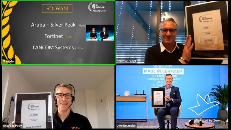 In der Kategorie „SD-WAN“ haben gewonnen: die Firmenvertreter Andreas Pady (Aruba - Silver Peak) [unten links; Platin] Christian Vogt (Fortinet) [oben rechts; Gold] und Uwe Neumeier (LANCOM Systems) [unten rechts; Silber]. (Vogel IT-Medien)
