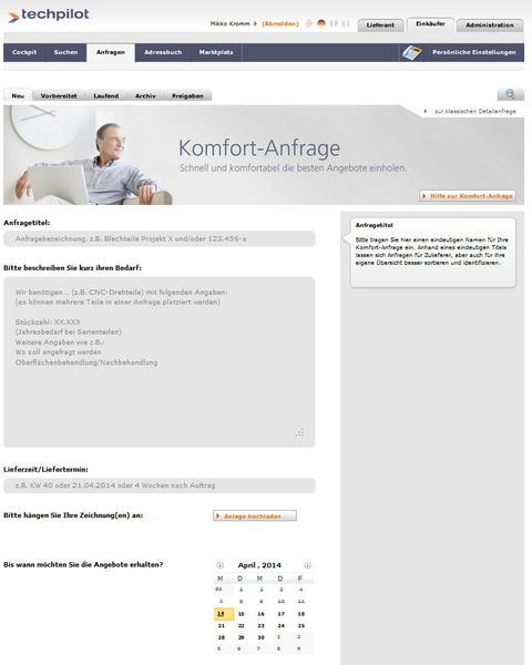 Mit der Komfort-Anfrage lasse sich in zwei Minuten der passende Lieferant finden, verspricht Techpilot. (Bild: Techpilot)