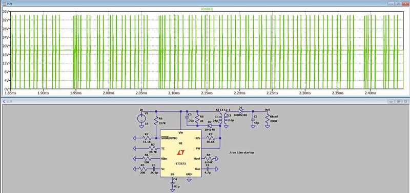 Bild 3:  Der Abwärtswandler LT3573 bei geringer Last im Puls-Skipping-Modus, simuliert mit LTSpice.