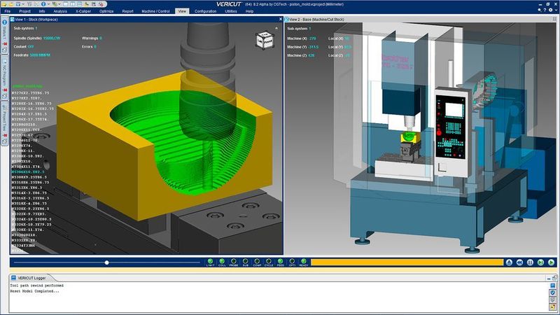 Close-up on the piston using Vericut. (CG Tech)