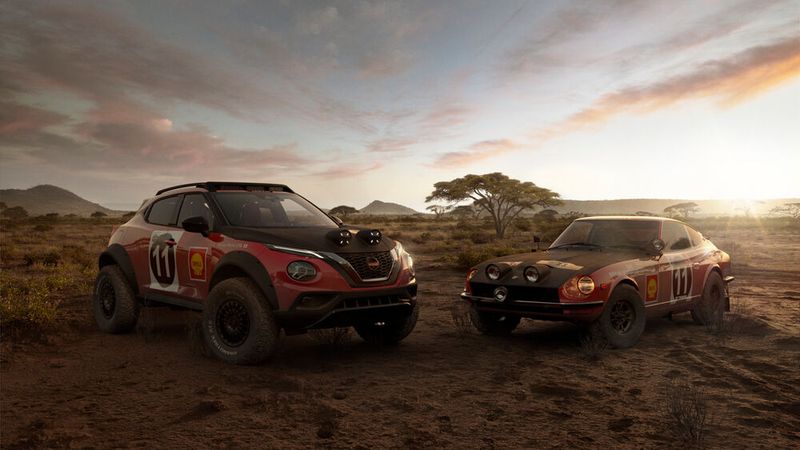 1971 gewann das deutsche Rennfahrer-Duo Edgar Hermann und Hans Schuller  mit einem Datsun 240Z (rechts) überraschend die East African Safari. 50 Jahre später erinnerte Nissan mit einem Konzeptfahrzeug auf Basis des Juke daran. (Bild: Nissan)