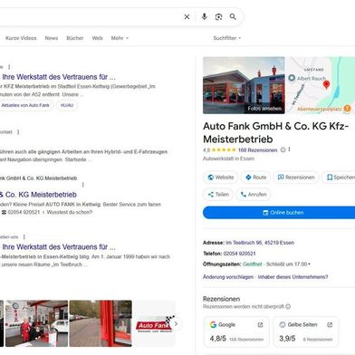 Der Button „Online buchen“ erscheint im Google-Unternehmensporträt auf der rechten Seite des Browserfensters. (Bild: Screenshot »kfz-betrieb«)