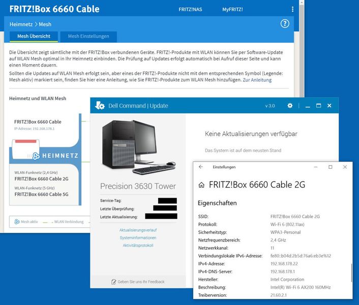 Abbildung 18: Der Wi-Fi-6-getunte Dell-Tower hat sich sofort mit der AVM FRITZ!Box 6660 Cable verstanden. Hier auch gleich mit dem jüngsten WPA3-Sicherheits-Standard. (Bild: Harald Karcher)