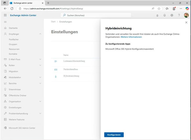 Im Exchange Admin Center startet die Hybrideinrichtung den Microsoft Office 365 Hybrid-Konfigurationsassistenten zur Kopplung lokaler und cloudbasierter Organisationen. (Bild: Joos - Microsoft)