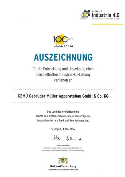 Gemü erhält als Preisträger eine Ehrenurkunde zur Auszeichnung als einer der „100 Orte für Industrie 4.0 in Baden-Württemberg“ (Gemü)