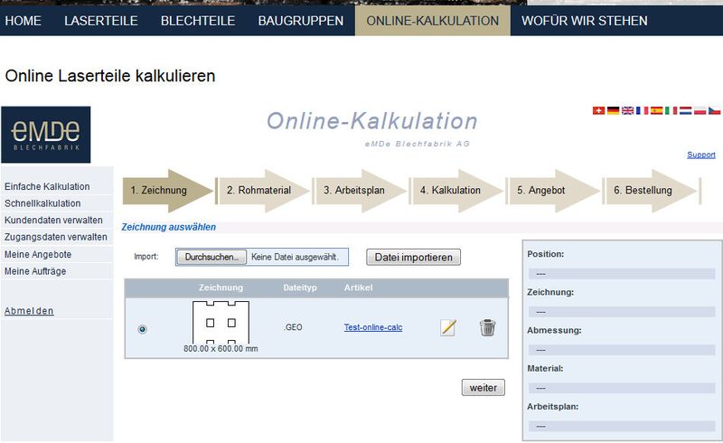 Die Online-Kalkulation für Laserteile. (Bild: Emde)
