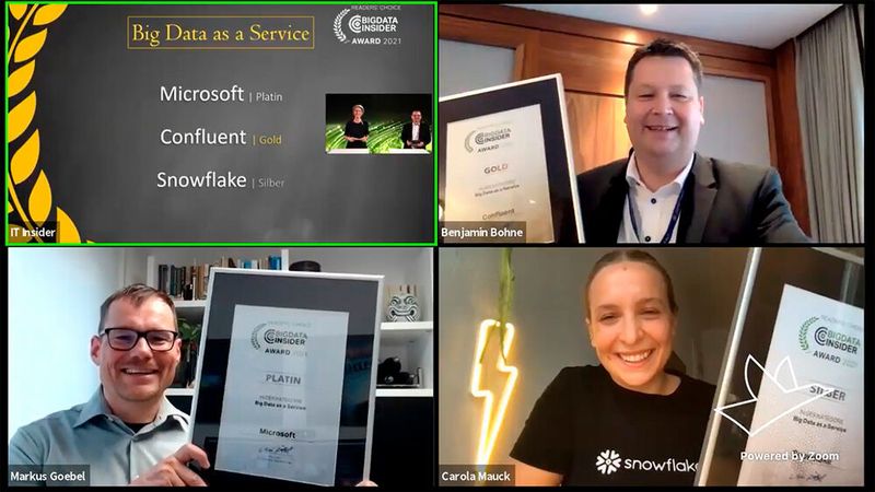 In der Kategorie Big Data as a Service nahm Markus Göbel für Microsoft den Award in Platin in Empfang. Benjamin Bohne von Confluent freut sich über Gold und Carola Mauck über Silber für Snowflake. (Vogel IT-Medien)