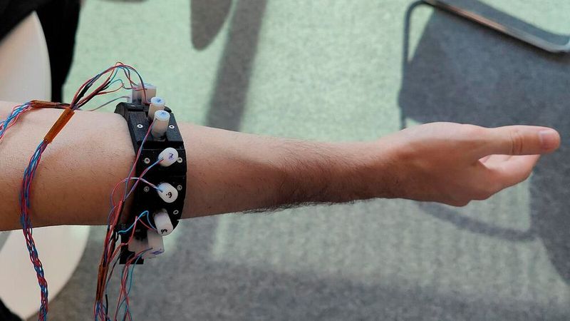 Der Demonstrator zeigt ein Ultraschallsensor-Armband, mit dem an Probanden Messungen zur Handbewegungserkennung durchgeführt wurden. Die Sensoren sind in der Lage, verschiedene Freiheitsgrade wie Beugen, Strecken oder Drehen zu erkennen.(Bild:  Fraunhofer IBMT)