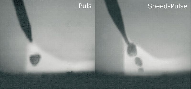 Bild 4: High-Speed-Kameraaufnahmen vom Puls- (links) und Speed-Pulse-Schweißen (rechts). Das Speed-Pulse-Verfahren bewirkt einen nahezu kontinuierlichen, zugleich aber nach wie vor gepulsten Materialtransfer ins Werkstück. Bild: Lorch (Archiv: Vogel Business Media)