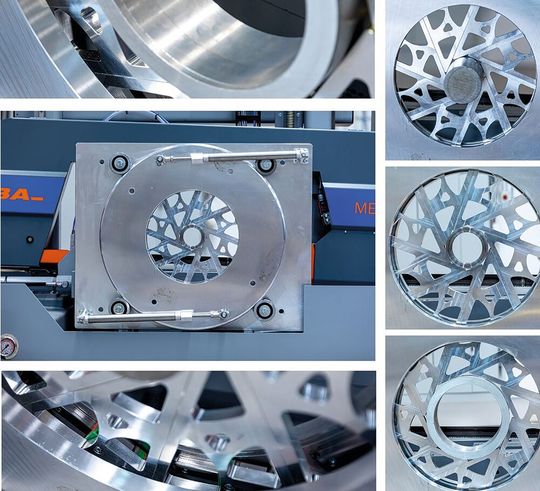 Am Fraunhofer-IPA entwickeltes adaptives Spannsystem, das wie eine Irisblende für die Fotografie arbeitet. Links sind drei Einspannsituationen zu sehen. Die Spannkraft wird über acht Spannkeile gleichmäßig auf die Werkstückoberfläche verteilt. So werden auch dünnwandige Rohre nicht deformiert.(Bild:  IPA)