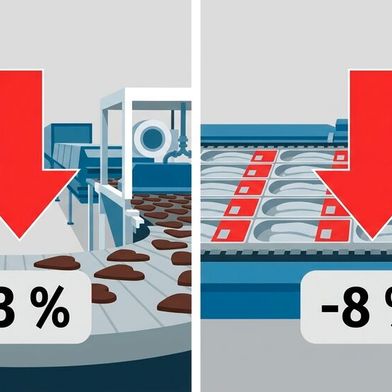 Auftragseingang im ersten Halbjahr 2026: VDMA ermittelt einen Rückgang des Auftrageingangs im Nahrungsmittelmaschinenbau von minus drei Prozent und im Verpackungsmaschinenbau von minus acht Prozent. (Bild: Gemini / KI-generiert)