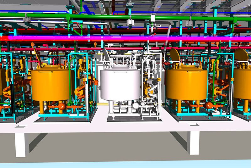 Abbildung 7: CIP-Anlagen im 2. Untergeschoss. In Orange sind die aktiven, in Weiß der Reservetank dargestellt. (Bild: ZETA GmbH)
