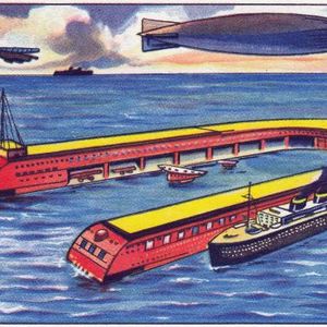 Die künstliche Insel: Da auf dem kürzesten Weg nach Amerika keine Insel liegt, die den Luftfahrzeugen als Nothafen dienen könnte, ist man auf den Gedanken gekommen, mitten im Ozean einen künstlichen Landungsplatz zu verankern. Natürlich befinden sich auf der Insel Hotels, Bäder, Restaurants und auch ein Kino, damit die Passagiere ihre Bequemlichkeit haben, falls ein Sturm sie mehrere Tage auf der Insel festhält. (Bild:  Echte Wagner, retro-futurismus.de)