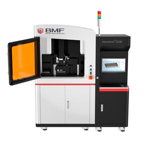 Boston Micro Fabrication (Halle 11.1, Stand B38 ): Der 3D-Drucker „microArch S230“ kann Kunststoffbauteile mit einer Auflösung von bis zu zwei Mikrometern fertigen und besitzt ein maximales Bauvolumen von 50 x 50 x 50 Millimetern. Er arbeitet nach dem Verfahren der Projektions-Mikro-Stereolithografie (PµSL).(Bild:  BMF)
