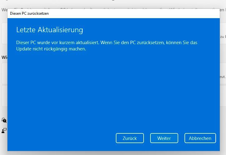Warnung vor dem Zurücksetzen von Windows 11, dass keine Deinstallation mehr möglich ist, wenn der PC zurückgesetzt wurde. (Bild: Microsoft / Joos)