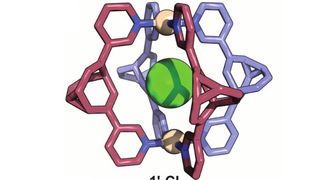 Vier Bullvalen-Moleküle (rot/blassviolett) werden durch zwei Metallionen (gelbliche Kugeln) und ein Chlorid-Ion (grüne Kugel) in einer Käfigform zusammengehalten. (Wiley-VCH, Angewandte Chemie, DOI: 10.1002/ange.202115468)