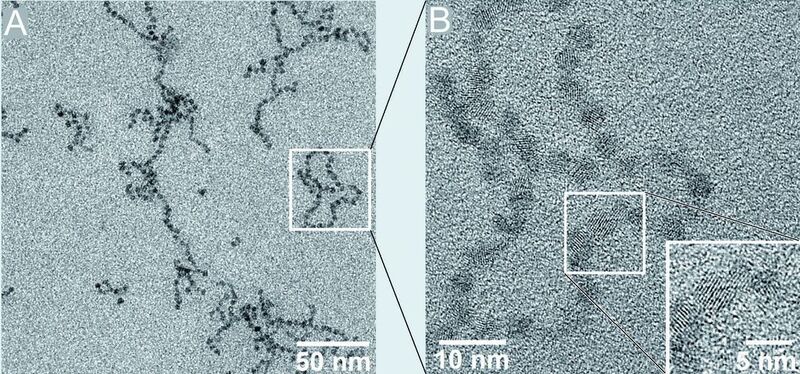 Abb. 5: (A) TEM- und (B) HRTEM-Aufnahmen von kettenförmigen Nanopartikel-Aggregaten. Die Abstände zwischen benachbarten Nanopartikeln in Ketten 
sind deutlich verringert.  (Bild: Inst. f. Physikal. Chem., Uni Hamburg)
