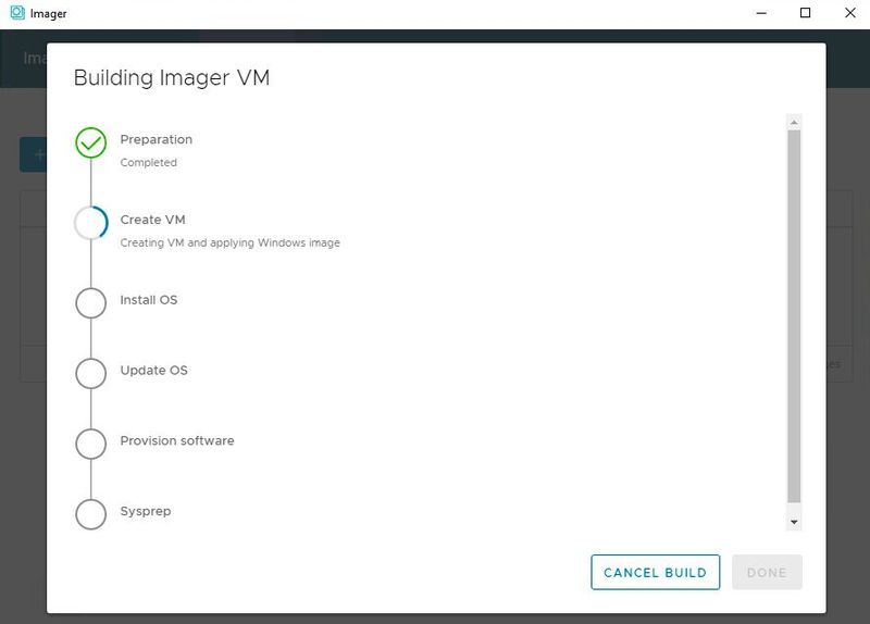 Der Ablauf während der Erstellung des Images wird im Fenster angezeigt. Wenn die Erstellung des Images abgeschlossen ist, steht das neue Image im Dashboard von VMware Imager zur Verfügung. (Bild: Joos / VMware)