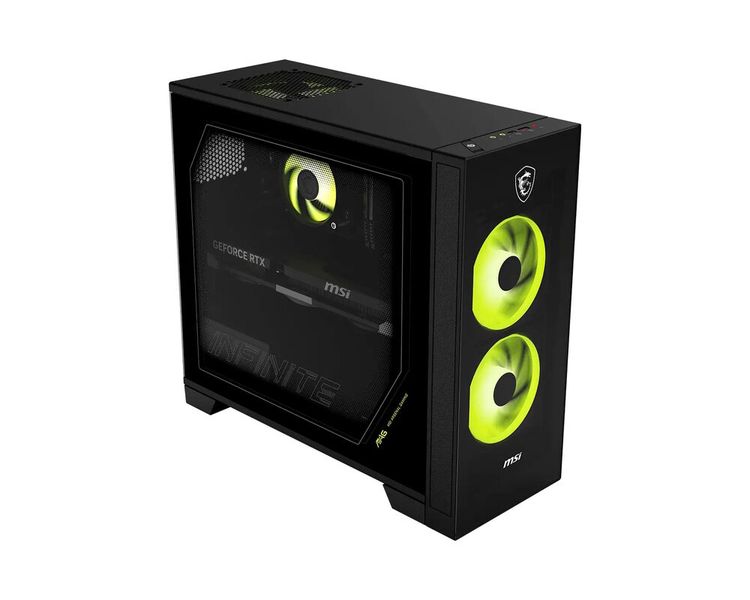Bei der hinter dem tranparenten Seitenpanel sichtbaren Grafikkarte ist die Maximalkonfiguration eine MSI-Karte mit Nvidia GeForce RTX 5070 Ti.  (Bild: MSI)
