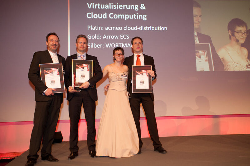 Gewinner Virtualisierung & Cloud Computing (v.l.): Thomas Knicker (Wortmann), Jesper Trolle (Arrow ECS), Sarah Maier (IT-BUSINESS), Henning Meyer (acmeo) (Archiv: Vogel Business Media)