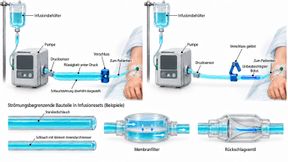 Bei einem Verschluss zwischen Pumpe und Patient kann ein nachgiebiger Schlauch Flüssigkeit unter Druck aufnehmen. Beim Öffnen kann sie als unbeabsichtigter Bolus austreten. (Schematische Darstellung) (Bild: Eigene Darstellung nach BD [3] und Doesburg et al. [4].)
