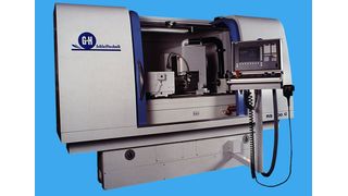 Die B-Achse der Rundschleiofmaschine ermöglicht stufenloses Schwenken des Schleifspindelstockes mit einer Auflösung von 0,001°; die rechte Schleifscheibe kann zum Planschleifen, zum Außenrundschleifen im Schrägeinstich oder zum Kegelschleifen verwendet werden.  Bild: geibel & Hotz (Archiv: Vogel Business Media)