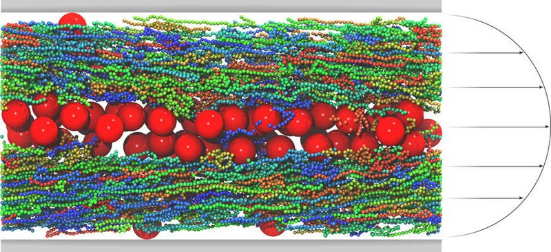 Simulationsschnappschuss von einem Kolloid-Polymer-Gemisch unter Fluss: Die Kolloide haben sich in das Zentrum des Kanals abgesetzt. (Bild: Arash Nikoubashman)