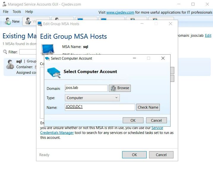 Zuweisen von verwalteten Dienstkonten mit Managed Service Accounts GUI. (Bild: Joos / CJWDEV)