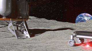 Die MOONRISE-Technologie im Einsatz auf dem Mond. Links die Mondlandefähre ALINA, rechts der Rover mit der MOONRISE-Technologie – mit angeschaltetem Laser beim Aufschmelzen von Mondstaub. (LZH)