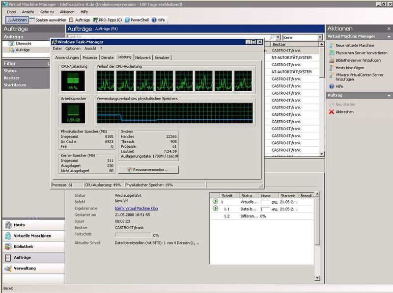 Abbildung 7: Live-Bild während des Klonens. Zur Messung wurden beide virtuellen Maschinen heruntergefahren. Die Auslastung zeigt einen 2 x Xeon 1,6 GHz CPU-Server mit 8 GB RAM. (Archiv: Vogel Business Media)