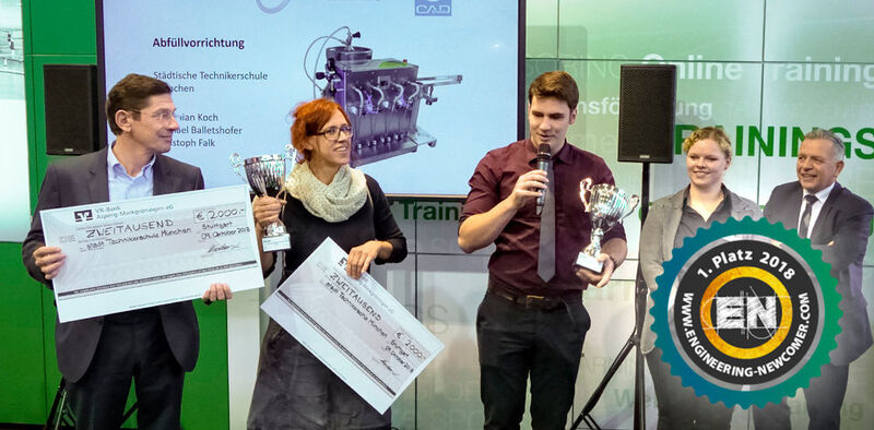 Den 1. Platz sicherte sich das Team der Städtischen Technikerschule München mit Michael Balletshofer, Christoph Falk und Korbinian Koch mit ihrer entwickelten Abfüllvorrichtung. (Cadenas)