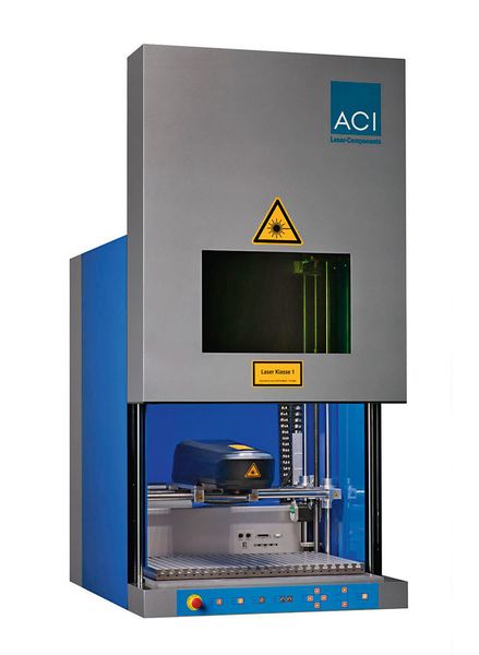 Eine Workstation Professional mit Faserlaser Ventus Marker von ACI Laser. Die Teilekennzeichung wird damit effizient, dauerhaft prozesssicher und deutlich lesbar möglich. (ACI Laser-Components)