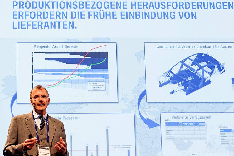 Weiterhin erläuterte er, wie BMW sich Leichtbau in der Zusammenarbeit mit den Lieferanten entlang der Wertschöpfungskette vorstelle. Vom Gesamtfahrzeug kommend müsse der OEM die bedarfsorientierten Innovation nennen, und klar kommunizieren: Was brauchen wir, was wird sich ändern und welche Schwerpunkte sollte der Lieferant setzen? (Foto: Stefan Bausewein)