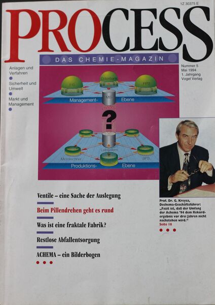 Mai 1994   Top Themen:  - Ventile - eine Sache der Auslegung  - Beim Pillendrehen geht es rund - Was ist eine fraktale Fabrik? - Restlose Abfallentsorgung - ACHEMA - ein Bilderbogen (Bild: PROCESS)