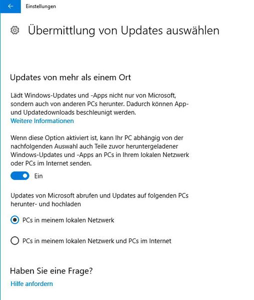 Tipp 3: Standardmäßig lädt Windows 10 seine Updates auch von anderen Windows 10-Rechnern im Netzwerk. Diese Konfiguration ist in der Einstellungs-App von Windows 10 über Update und Sicherheit\Erweiterte Optionen\Übermittlungen von Updates auswählen zu sehen. (Bild: Th. Joos)