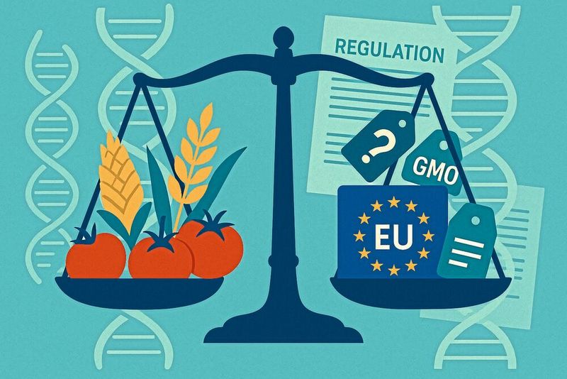 El Parlamento Europeo tiene previsto flexibilizar la normativa sobre el etiquetado obligatorio de los alimentos modificados genéticamente. Aquí puede leer qué implicaciones tiene esto para los consumidores, los agricultores y la seguridad del suministro alimentario.(Imagen: GPT Image Editor / Generado por IA)