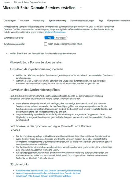 Die Konfigurationsseite zur Synchronisierung von Microsoft Entra Domain Services definiert den Synchronisierungsbereich, optionale Filter nach Gruppenberechtigungen und die unidirektionale Replikation aus Entra ID. (Bild: Thomas Joos)