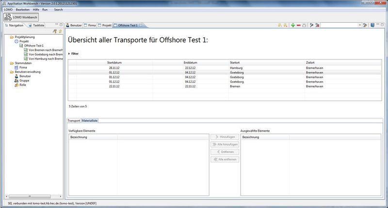 Screenshot der Anwendung LOMO - Transporte im Projekt im Blick. (Bild: HEC)