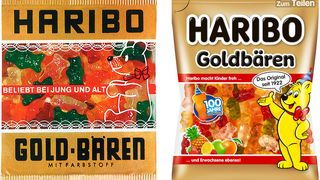 Aus dem sitzenden Bär mit roter Schlaufe ist ein stehender geworden – sonst hat sich nicht viel verändert am Design der Haribo-Goldbären-Tüte. (Bild: Haribo)