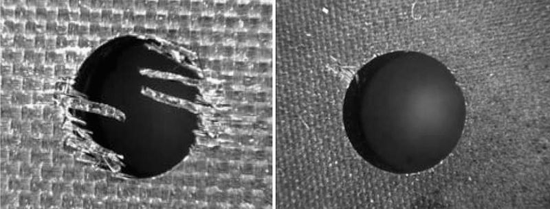 Bohrergebnis verschiedener Beschichtungen: Ein mit Diamantbeschichtung versehener Bohrer zerspant CFK-Materialien sauber und fehlerfrei (rechts). Bild: Universität Hamburg-Harburg (Archiv: Vogel Business Media)