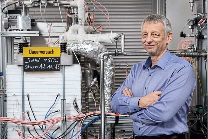 Prof. Ludger Blum neben einer reversiblen Hochtemperatur-Brennstoffzelle am Institut für Energie- und Klimaforschung in Jülich (Forschungszentrum Jülich GmbH, Ralf-Uwe Limbach)