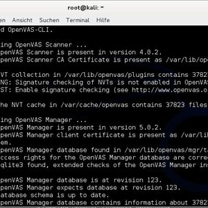 Im Rahmen der Ersteinrichtung muss OpenVAS noch Daten aus dem Internet nachladen. Wenn die Installation abgeschlossen ist, kann mit openvas-check-setup überprüft werden, ob die Installation fehlerfrei durchgelaufen ist. Der Befehl openvas-mkcert erstellt das notwendige Zertifikat für OpenVAS.(Bild:  Th. Joos)