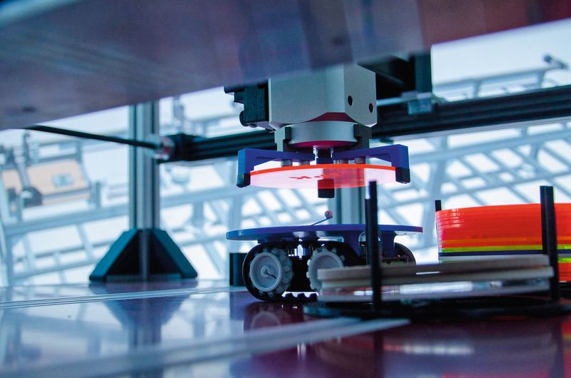 Smarte Fabrik 4.0: Bearbeitete Rohlinge werden auf ein fahrerloses Transportsystem (FTS) gehoben. (Fraunhofer IPK)