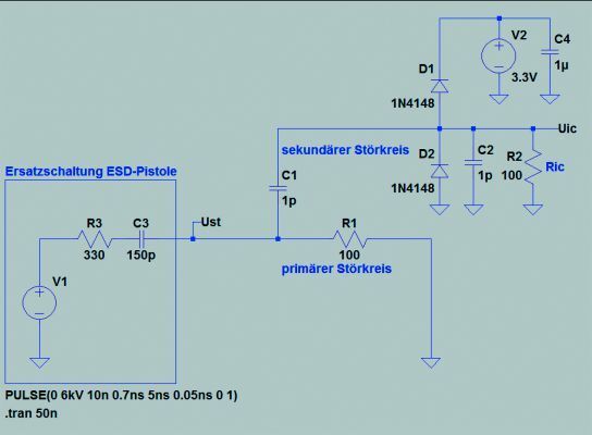 Bild 1: Eine vereinfachte Ersatzschaltung der ESD-Pistole mit angekoppelten IC-Eingang, IC-Eingang mit Schutzdioden. (Langer EMV)
