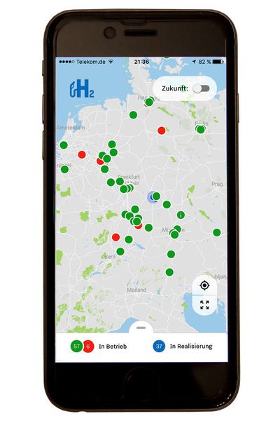 Auf der App von H2 Mobility kann man sich einerseits den aktuellen Stand der Infrastruktur anzeigen lassen.. (Schmidt/»kfz-betrieb«, H2 Mobility)