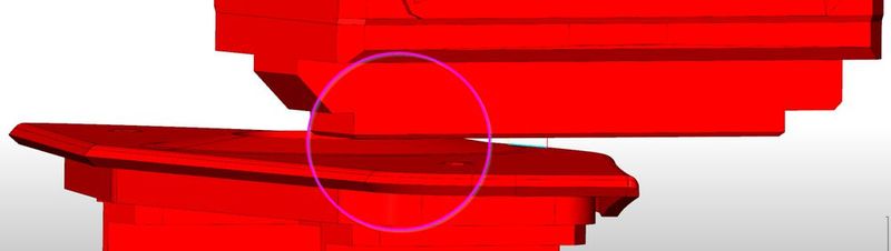 Bild 8: 3-Achsen-Ausgabeformat der Werkzeugbahnsimulation ohne das Kollisionsprüfungsmodul. Die Kollisionen sind in roter Farbe dargestellt.